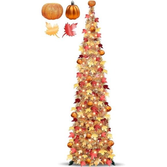 5 FT Fall Tree Fall Decor, Pop Up Tinsel Maples Tree with Timer 50 Warm White - Picture 7 of 7